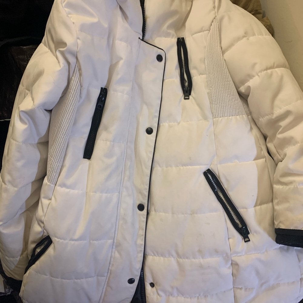 Guess Women's White Puffer Jacket with Black Accents